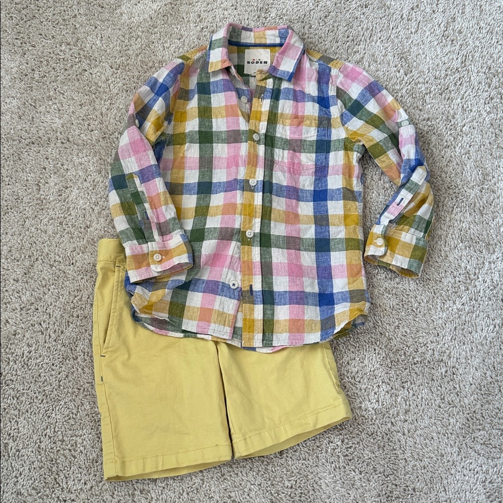 Mini Boden Yellow shorts and Button down shirt